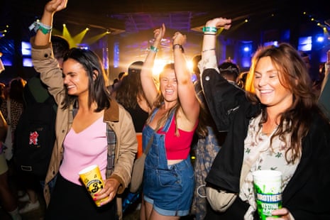 Olivia Davis (in red) with her friends Petra Higgins and Emma Bennison. Festivalgoers at the new Levels stage in the Silver Hayes area.