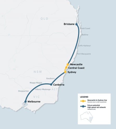 Map of a proposed high-speed rail route from Brisbane to Melbourne