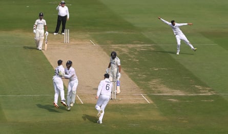Shoaib Bashir celebrates after taking his first Test wicket