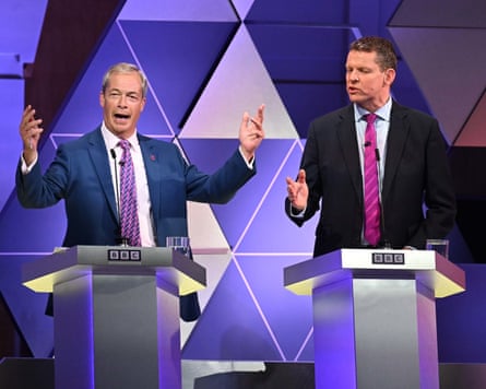 Nigel Farage (left) and Rhun ap Iorwerth take part in a BBC debate before the 2024 general election