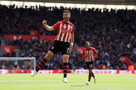 April 27: Shane Long of Southampton celebrates after scoring his team’s first goal against Bournemouth at St Mary’s Stadium.