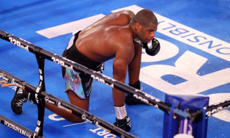 Daniel Dubois takes a knee before being counted out during his British, Commonwealth and European Heavyweight title fight against Joe Joyce