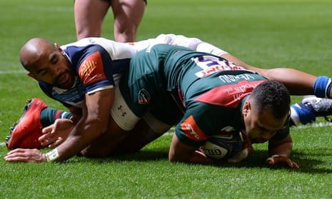 Leicester Tigers’ Telusa Veainu dives in to score his third try against Castres