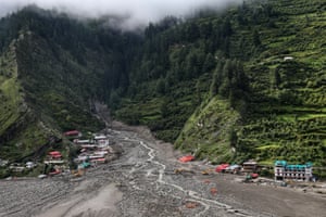 A partly destroyed hill village