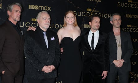 From left, Alan Ruck, Brian Cox, Sarah Snook, Kieran Culkin, Jeremy Strong, who play the Roy family, at the season three premiere of TV show, Succession.