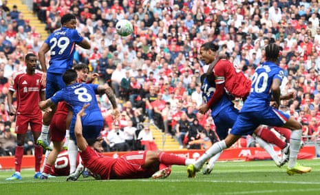 Virgil van Dijk heads the ball