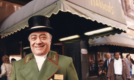 Mohamed Al Fayed taking the part of a Harrods doorman.