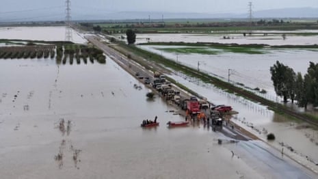 Drone footage shows severe flooding in Morocco after heavy rain – video