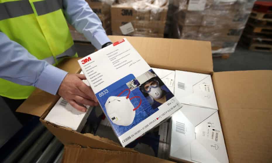 A box of face masks at the NHS National Procurement Warehouse at Canderside, Larkhall