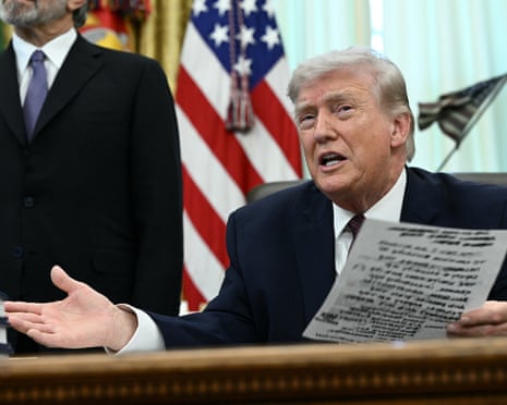 Middle East crisis live: Trump says no reason for US to secure strait of Hormuz and war will end in ‘two or three weeks’ | US-Israel war on Iran 2 Donald Trump speaks to the press after signing an executive order in the Oval Office.