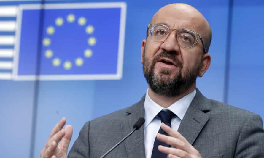 Charles Michel speaks at the European Council headquarters in Brussels
