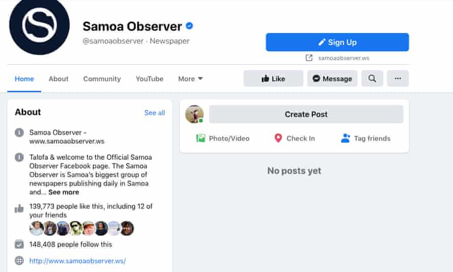 The Samoa Observer newspaper’s Facebook page has been blocked in Australia as part of Facebook’s ban on news on its platform in that country