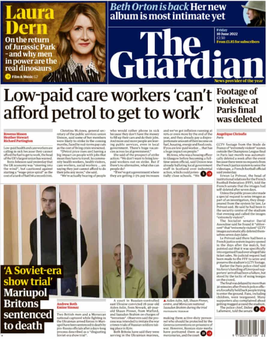 Guardian front page 10 june 2022