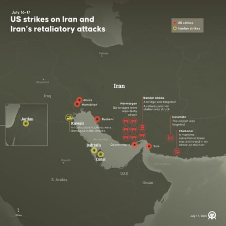 A map showing the locations of US strikes in Iran and Tehran’s strikes in Kuwait, Jordan, Bahrain and Qatar.