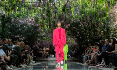 Standout suits … a model walks down the catwalk at the Versace spring/summer 2019 show in Milan.