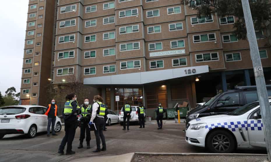 Police at one of the nine public housing towers in Flemington, Melbourne, placed under ‘hard lockdown’ on Saturday afternoon