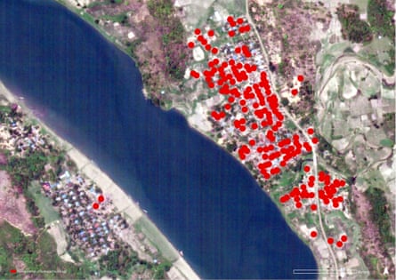 Satellite image recorded on May 14, 2020, showing approximately 180 buildings affected by fire in Pyaing Taing, Rakhine State that likely occurred between March 22 and 23, 2020. The damages reported are most likely an underestimate as internal damage is not visible. Damage analysis by Human Rights Watch