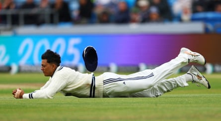 India’s Yashasvi Jaiswal is left flat on the ground after dropping Ben Duckett