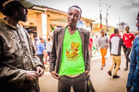 Man wears an Abiy Ahmed T-shirt in Addis Ababa