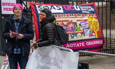 Staff from Soas and Birkbeck, University of London, at the picket line on Monday