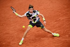 Andrey Rublev of Russia plays a forehand.