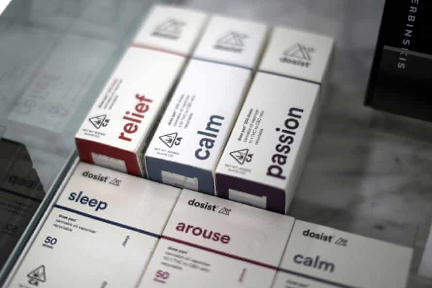 Cannabis products at a dispensary in Los Angeles, California, say 'relief', 'calm' and 'passion'