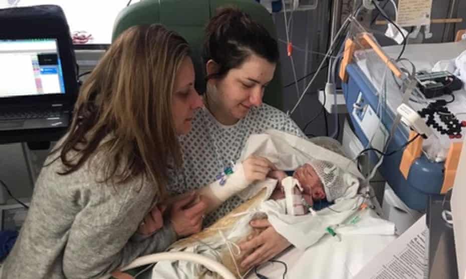 Chelsea Parodi with her baby, Oscar, and grandmother, Christine Bell, left, at Norwich university hospital