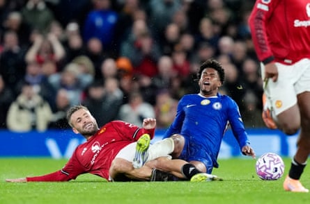 Luke Shaw tackles Chelsea’s Andrey Santos