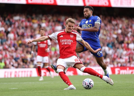 Martin Odegaard of Arsenal scores his team’s second goal.