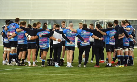 Scotland players gather into a huddle during training in Edinburgh.