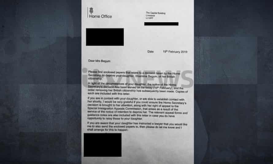 The Home Office letter sent to Begum’s family.