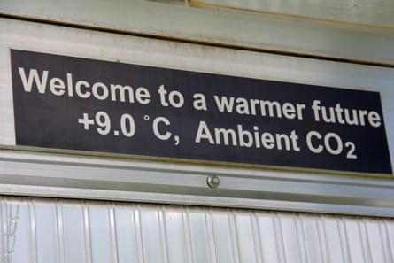 As part of the Spruce experiment studies in a controlled setting mimic and study the effects of a warmer atmosphere. The signs notes that inside the chamber the temperature is 9 °C hotter than the ambient air