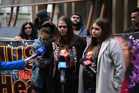 Suzzane Calgaret (centre) and Mincarlie Calgaret (right), sister and niece of Heather Calgaret, after the inquest into the death of Heather Calgaret.