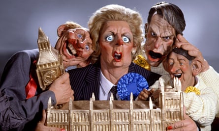 Spitting Image puppets of Neil Kinnock, Margaret Thatcher, David Owen and David Steele