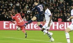 Zlatan Ibrahimovic scores Paris Saint-Germain’s opening goal in the win over Lyon.