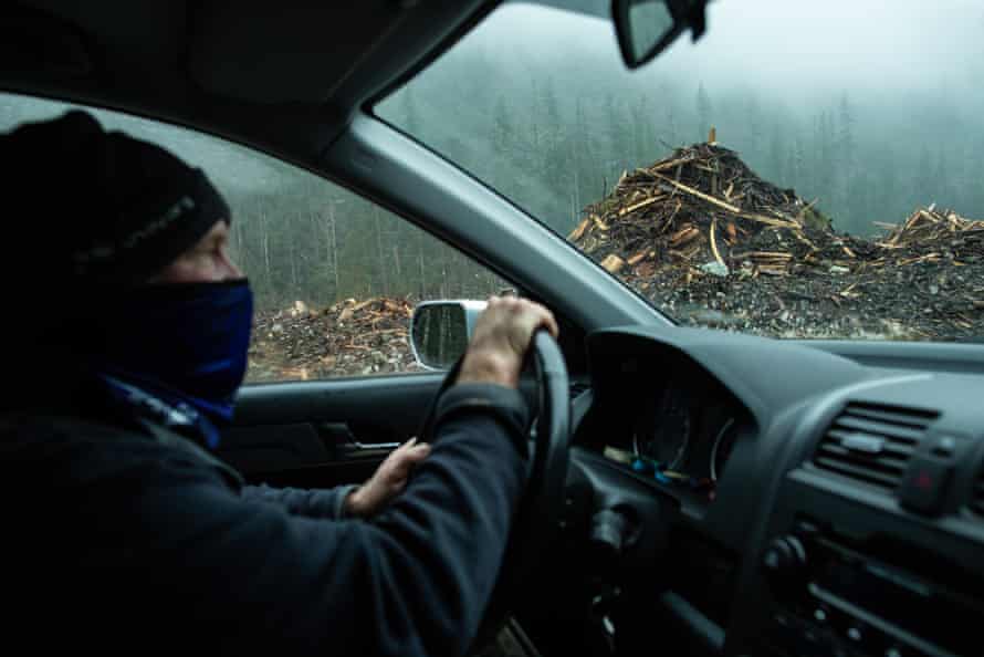 A forest defender drives though an old cut block near the Fairy Creek watershed.