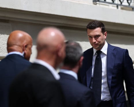 Jordan Bardella, president of the French far-right Rally arrives at the party HQ before the verdict in the appeal trial of French far-right leader Marine Le Pen.