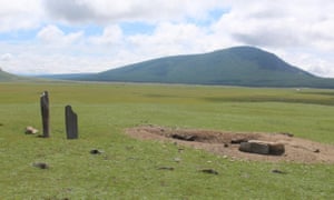 A looter’s pit beside two Bronze Age monuments. These are not grave sites, but the structures around them contain the bones of domestic animals – worthless to looters, but with huge scientific value.