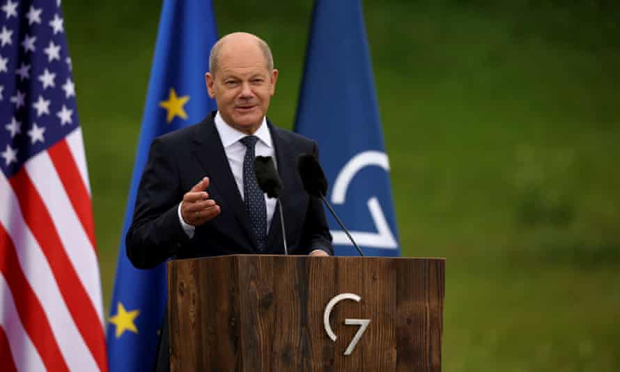 Germany’s Chancellor Olaf Scholz gives a statement on June 28, 2022 at Elmau Castle, southern Germany.