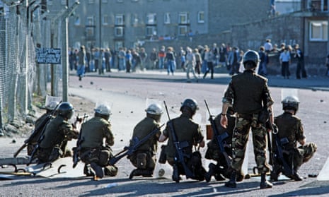 Soldiers face rioters on the streets of Derry during the 1970s.