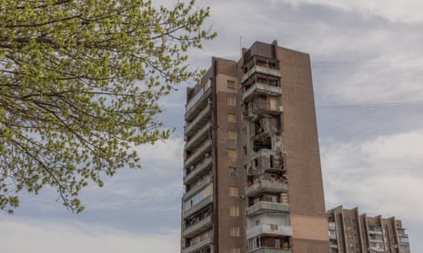 Shattered balconies on an apartment building in Kharkiv