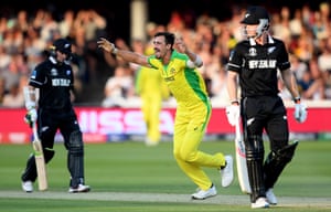 Starc celebrates taking the wicket of Latha.