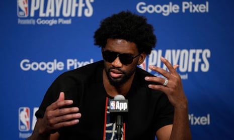 The 76ers' Joel Embiid speaks during a news conference after Game 3 of Philadelphia’s first-round playoff series against the New York Knicks.
