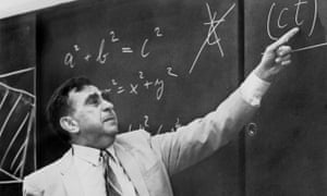 Physicist Edward Teller pointing at a formula on a blackboard on 22 May 1968.