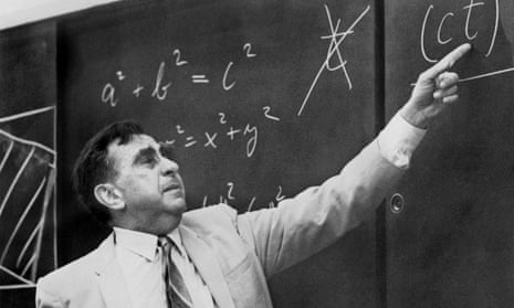 Physicist Edward Teller pointing at a formula on a blackboard on 22 May 1968.