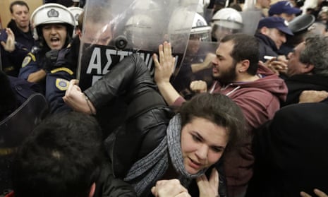 Clashes outside the court room in Athens.