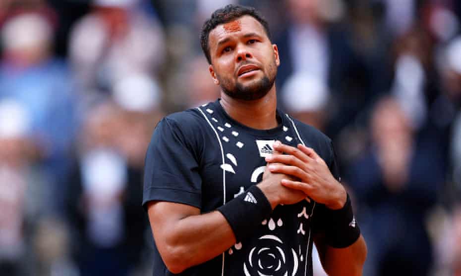 Jo-Wilfried Tsonga reacts after playing his final match before retiring, after losing to Casper Ruud.