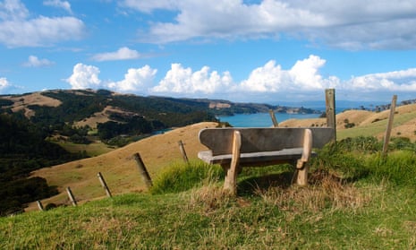 A bench looking towards Man O’ War Bay on the eastern side of Waiheke Island, New Zealand.
