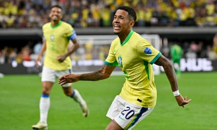 Savinho celebrates his goal for Brazil against Peru in the 2024 Copa América.
