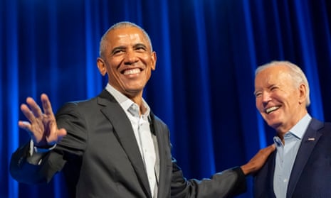 Barack Obama greets Joe Biden at a fundraising event at Radio City Music Hall in New York last month.